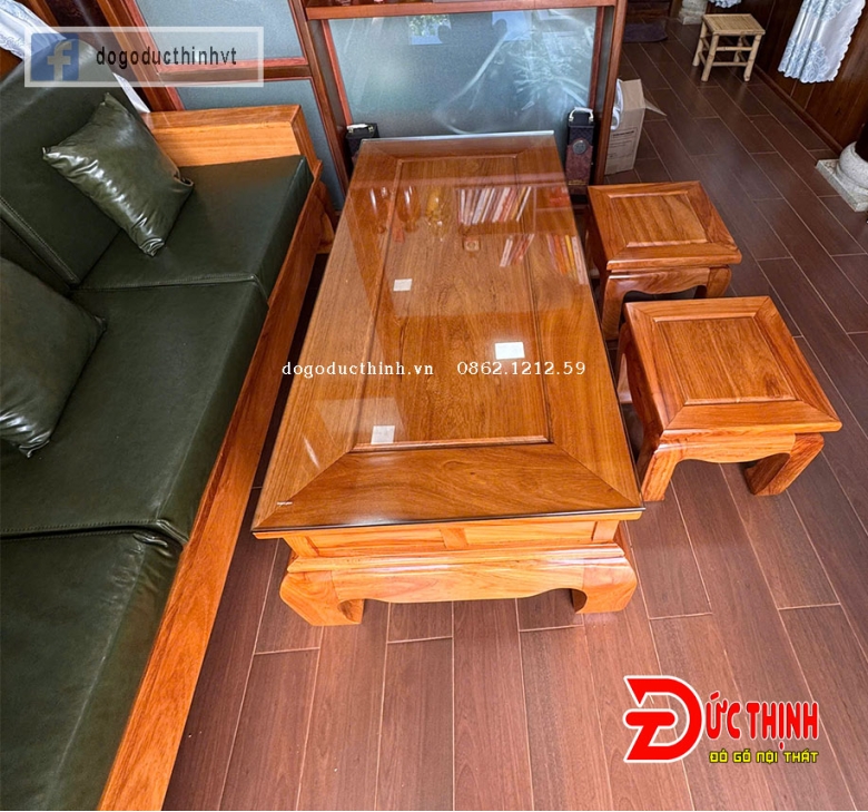 Sofa Gỗ Gõ Đỏ – Mẫu Chân Cua - Nệm Da Cao Cấp