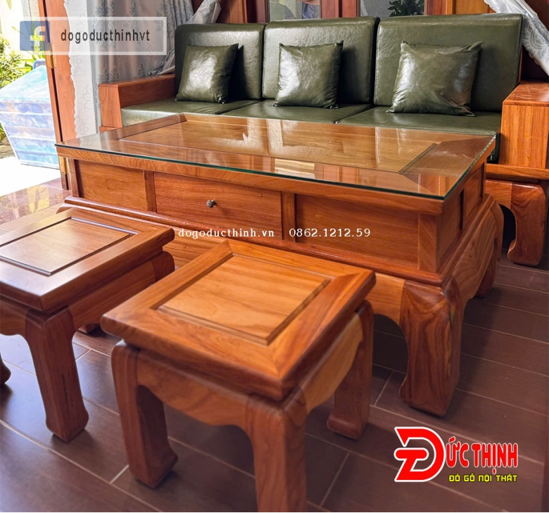 Sofa Gỗ Gõ Đỏ – Mẫu Chân Cua - Nệm Da Cao Cấp
