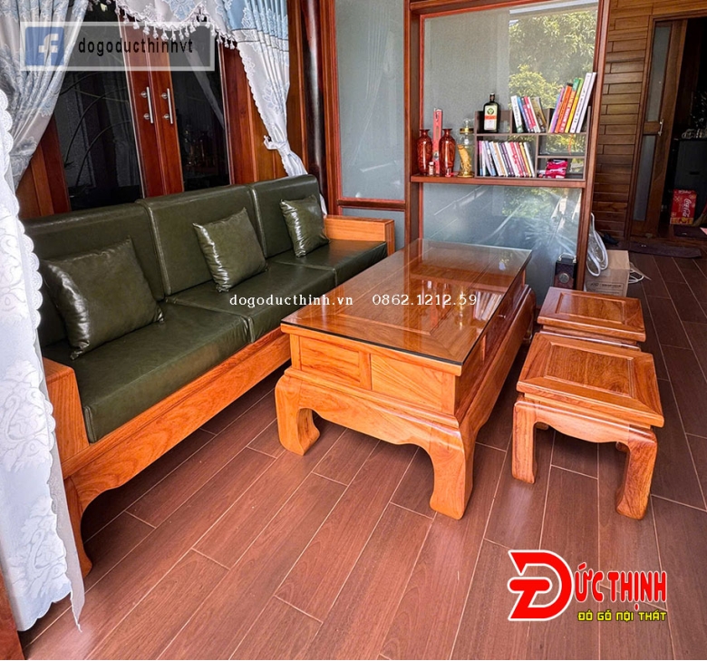 Sofa Gỗ Gõ Đỏ – Mẫu Chân Cua - Nệm Da Cao Cấp