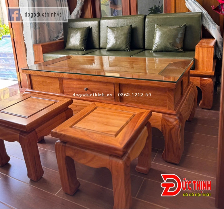 Sofa Gỗ Gõ Đỏ – Mẫu Chân Cua - Nệm Da Cao Cấp
