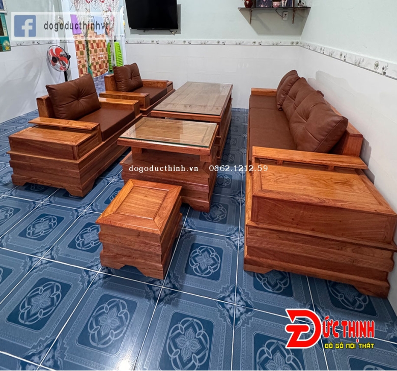 Bàn ghế sofa phòng khách hiện đại mẫu chân pháo - gỗ hương đá
