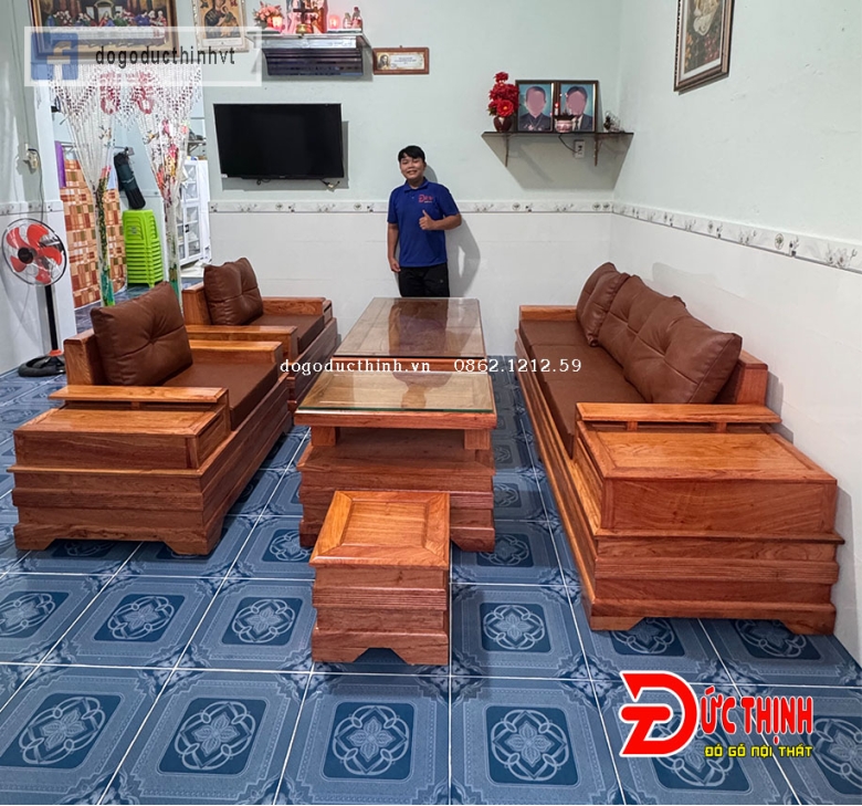 Bàn ghế sofa phòng khách hiện đại mẫu chân pháo - gỗ hương đá