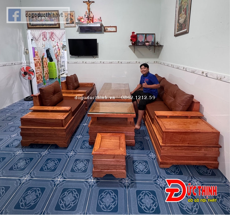 Bàn ghế sofa phòng khách hiện đại mẫu chân pháo - gỗ hương đá