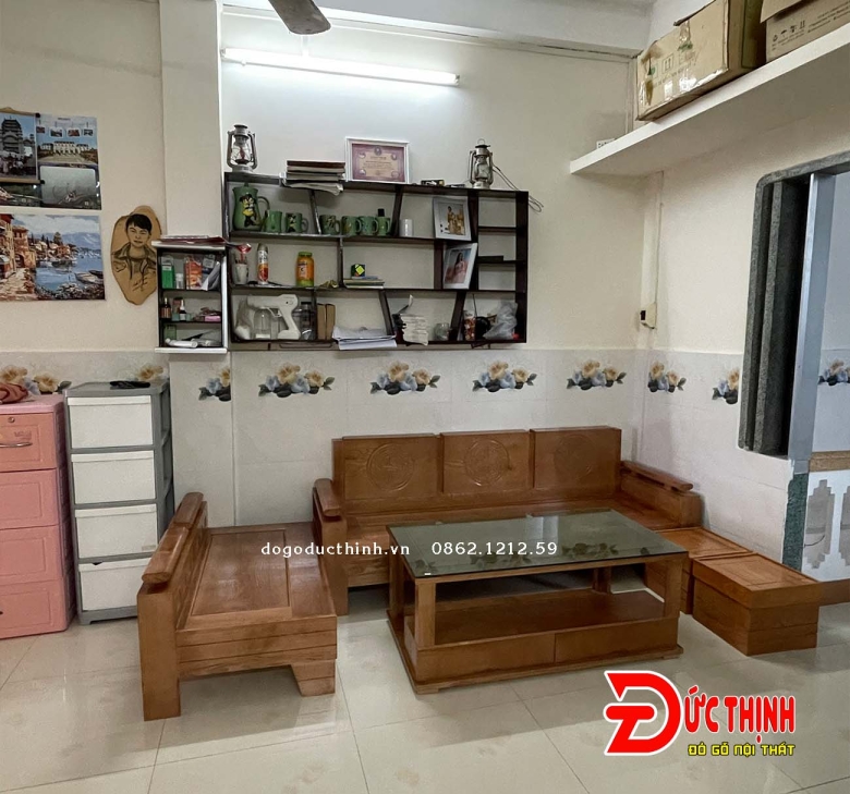 Sofa gỗ Sồi - Góc L  - 5 món - Sơn màu theo yêu cầu