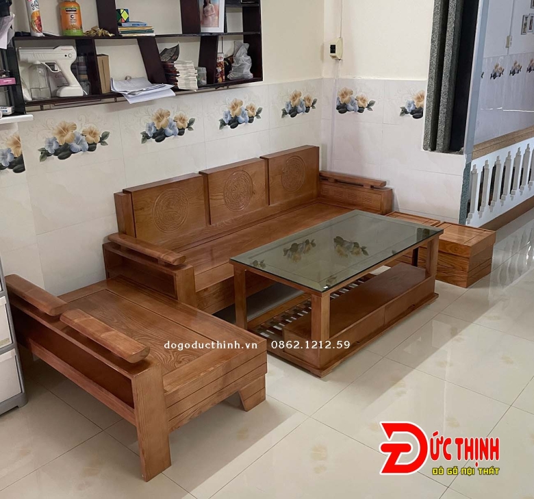 Sofa gỗ Sồi - Góc L  - 5 món - Sơn màu theo yêu cầu