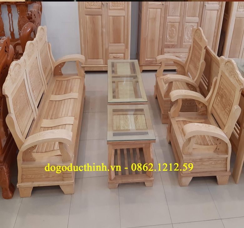 Sofa gỗ Sồi - Tựa trơn - Tay cong - 5 món