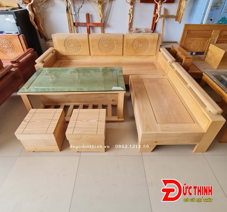 Sofa gỗ Sồi - Góc L  - 5 món - Sơn màu theo yêu cầu