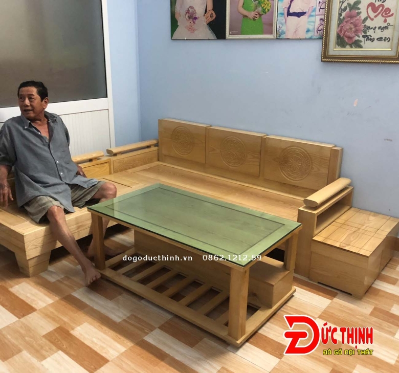 Sofa gỗ Sồi - Góc L  - 5 món - Sơn màu theo yêu cầu