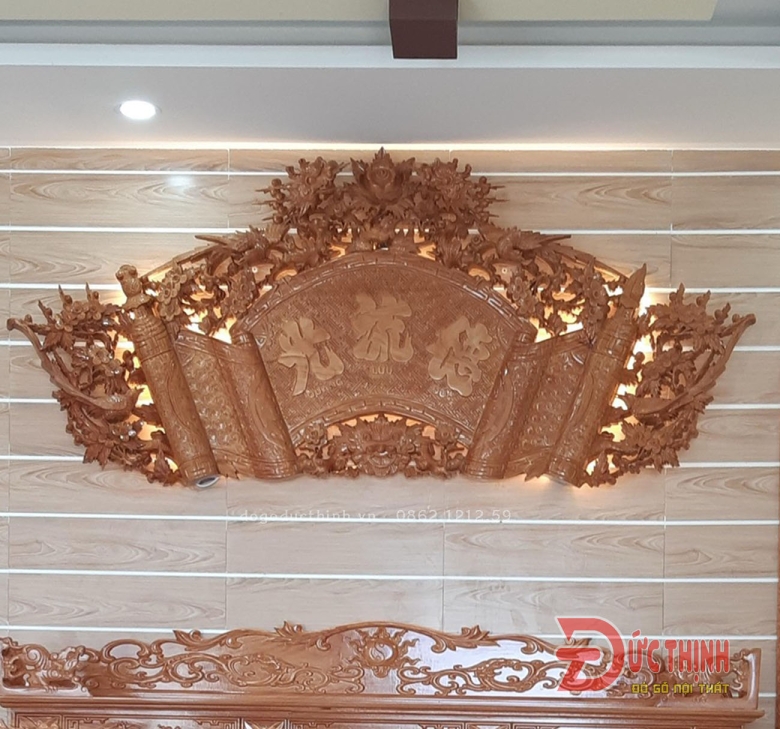 Bộ Sập thờ Tứ Linh tam cấp - bàn cơm - Cuốn thư - Câu đối