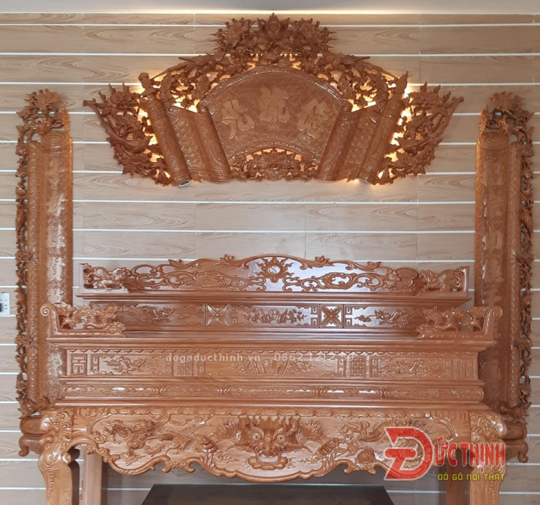 Bộ Sập thờ Tứ Linh tam cấp - bàn cơm - Cuốn thư - Câu đối