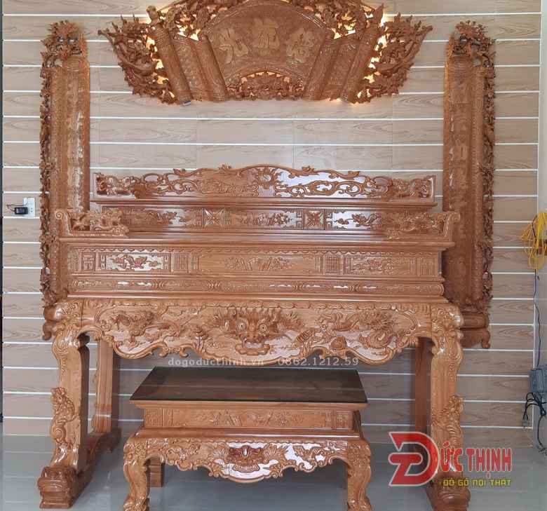 Bộ Sập thờ Tứ Linh tam cấp - bàn cơm - Cuốn thư - Câu đối