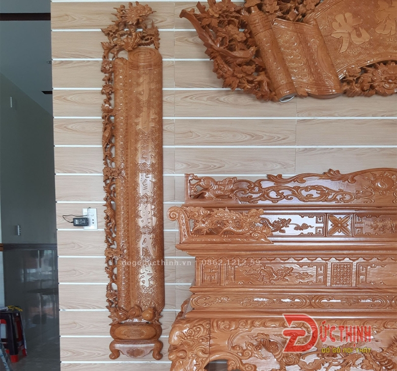 Bộ Sập thờ Tứ Linh tam cấp - bàn cơm - Cuốn thư - Câu đối