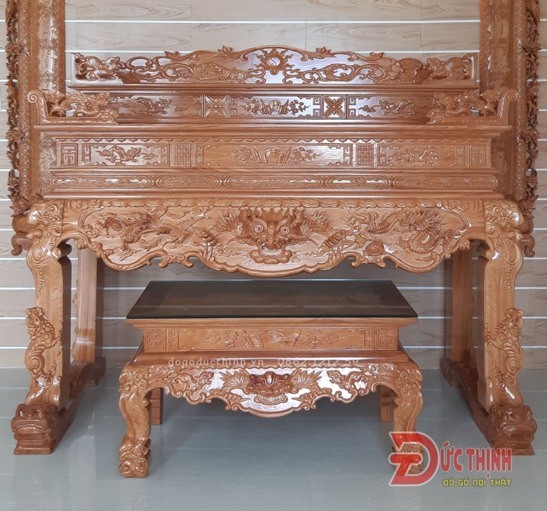 Bộ Sập thờ Tứ Linh tam cấp - bàn cơm - Cuốn thư - Câu đối