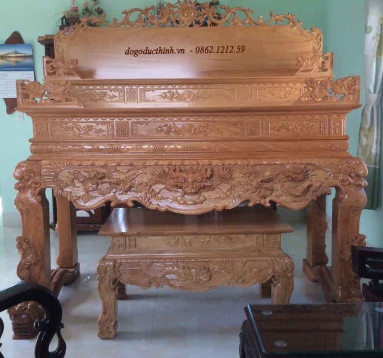 Bộ Sập thờ Tứ Linh tam cấp - bàn cơm - Cuốn thư - Câu đối