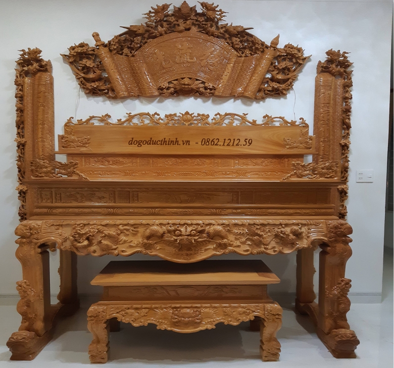 Bộ Sập thờ Tứ Linh tam cấp - bàn cơm - Cuốn thư - Câu đối