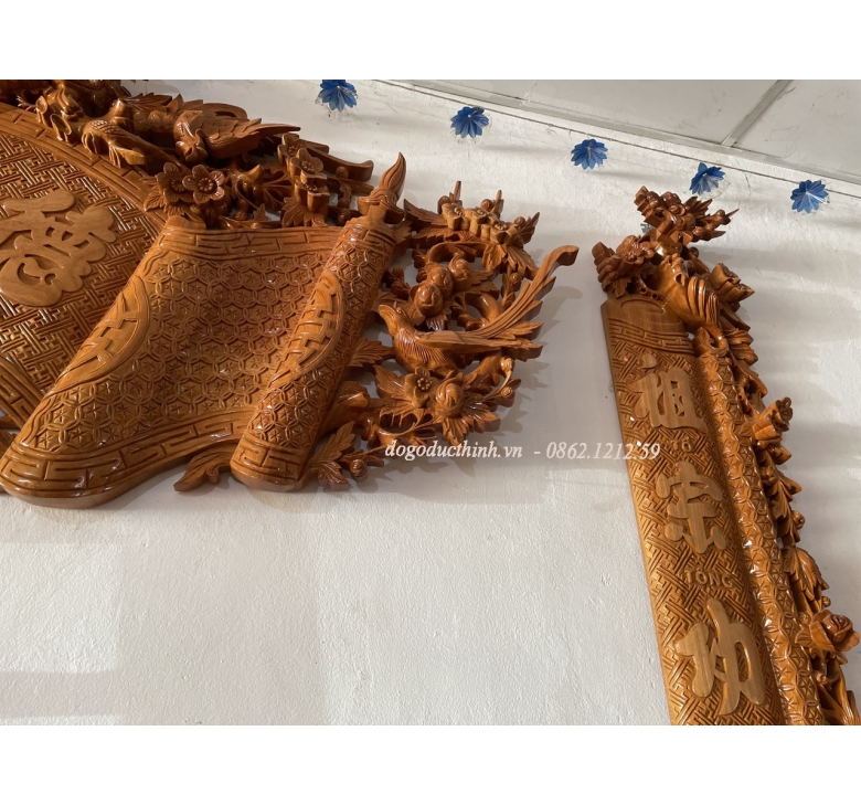 Bộ Sập thờ Tứ Linh tam cấp - bàn cơm - Cuốn thư - Câu đối