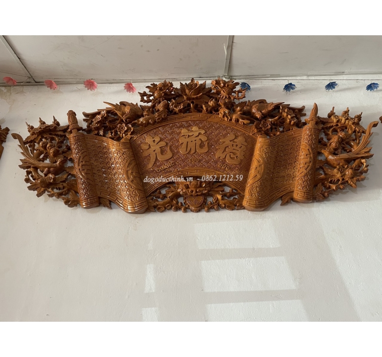 Bộ Sập thờ Tứ Linh tam cấp - bàn cơm - Cuốn thư - Câu đối