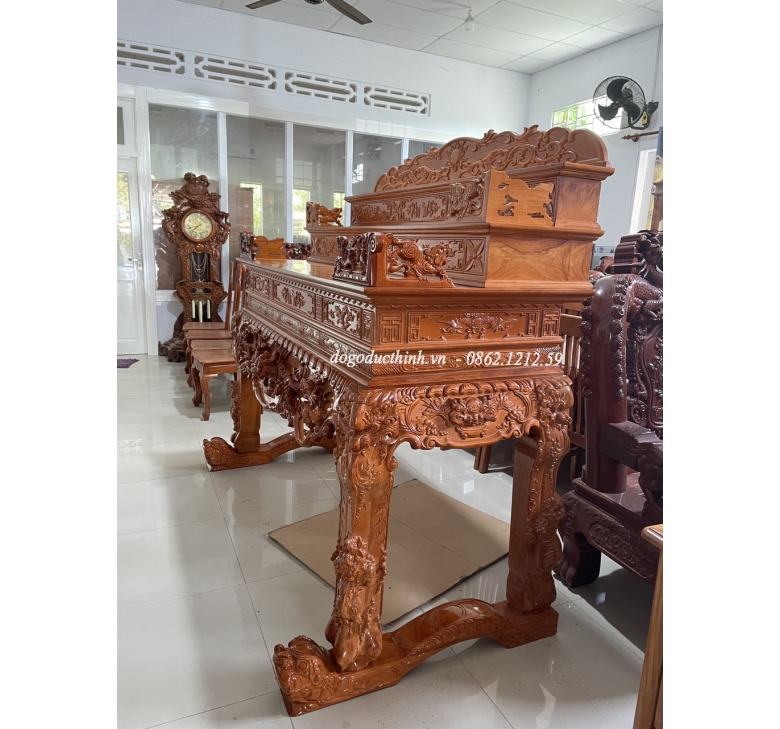 Bộ Sập thờ Tứ Linh tam cấp - bàn cơm - Cuốn thư - Câu đối