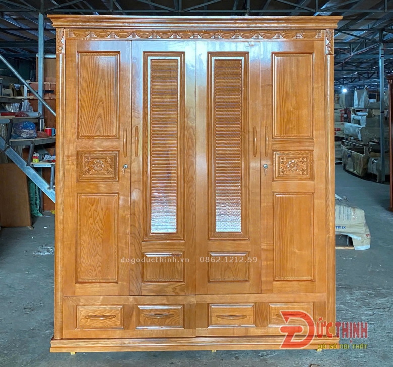 Tủ quần áo gỗ sồi Nga 4 cánh - lau màu gỗ đỏ