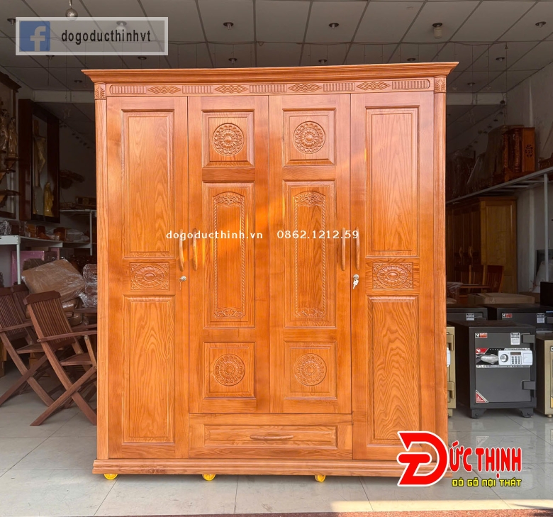 Tủ quần áo gỗ sồi Nga 4 cánh - lau màu gỗ đỏ