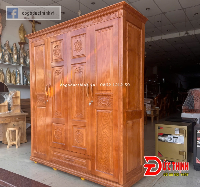 Tủ quần áo gỗ sồi Nga 4 cánh - lau màu gỗ đỏ