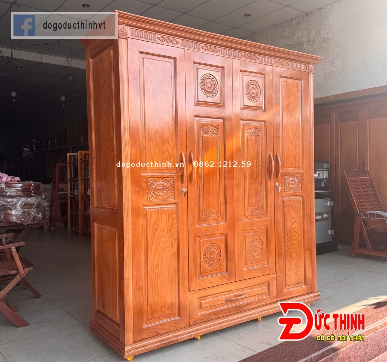 Tủ quần áo gỗ sồi Nga 4 cánh - lau màu gỗ đỏ