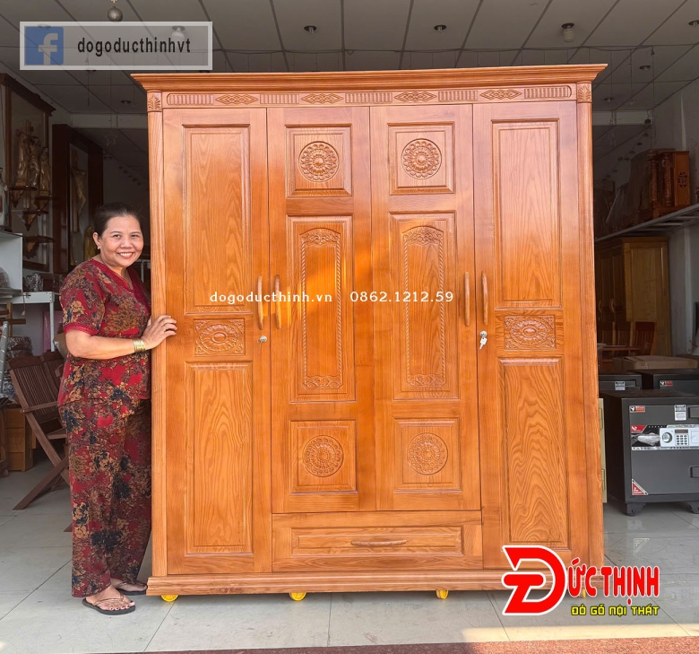 Tủ quần áo gỗ sồi Nga 4 cánh - lau màu gỗ đỏ