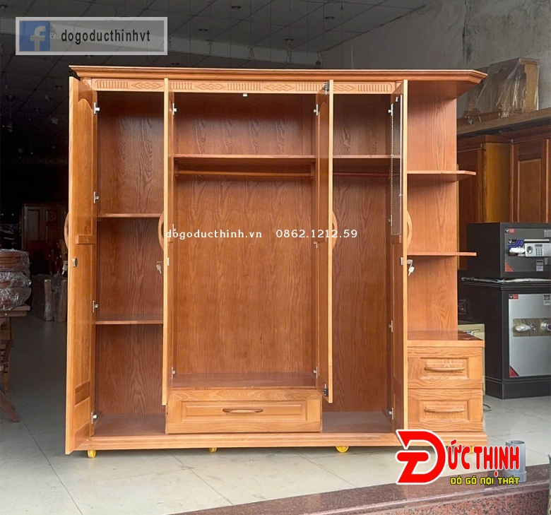 Tủ quần áo gỗ sồi Nga 4 cánh + Kệ trang trí - lau màu gỗ đỏ