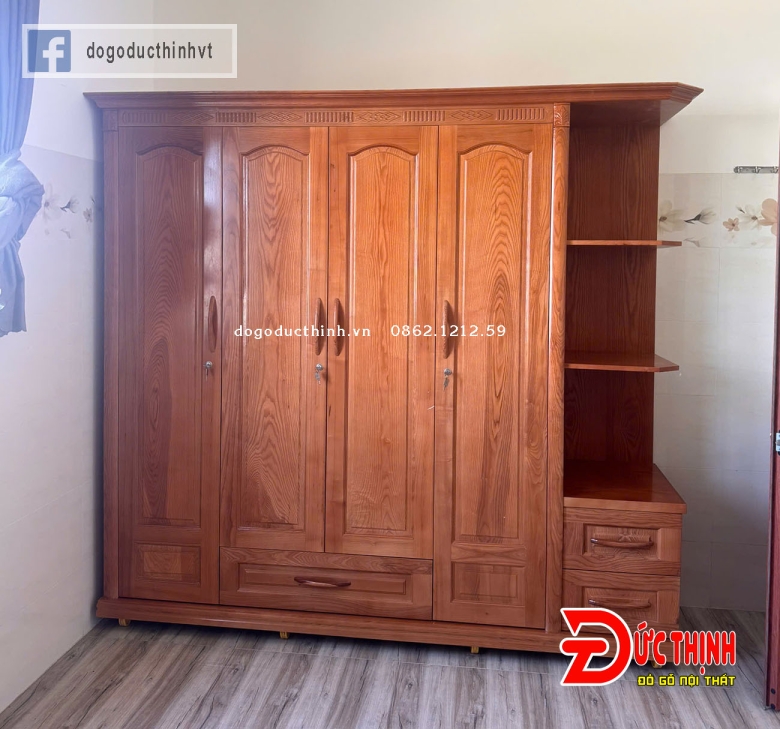 Tủ quần áo gỗ sồi Nga 4 cánh + Kệ trang trí - lau màu gỗ đỏ