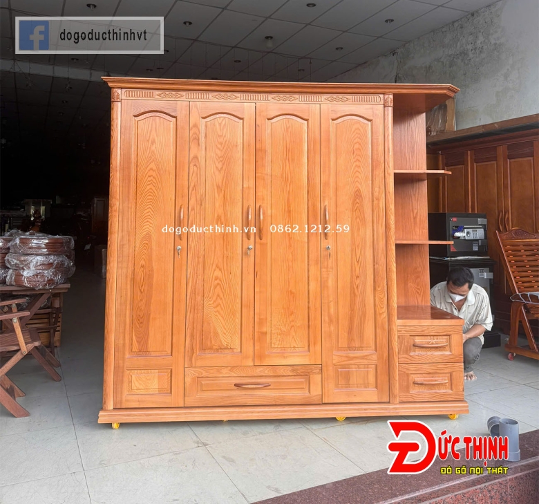 Tủ quần áo gỗ sồi Nga 4 cánh + Kệ trang trí - lau màu gỗ đỏ