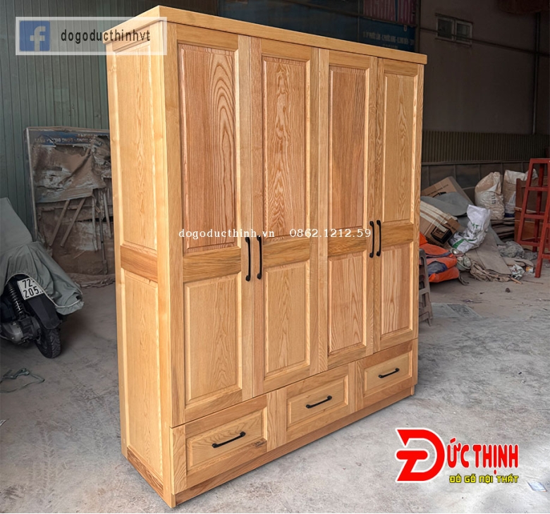 Tủ quần áo gỗ sồi - mẫu trơn tối giản
