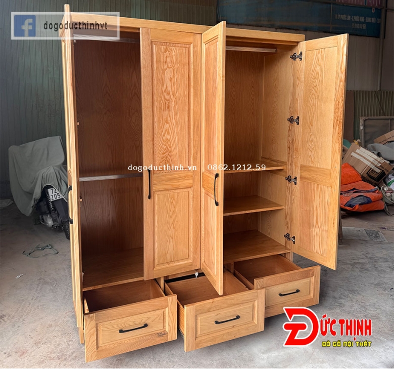 Tủ quần áo gỗ sồi - mẫu trơn tối giản