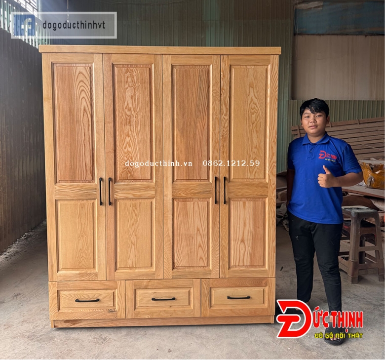Tủ quần áo gỗ sồi - mẫu trơn tối giản