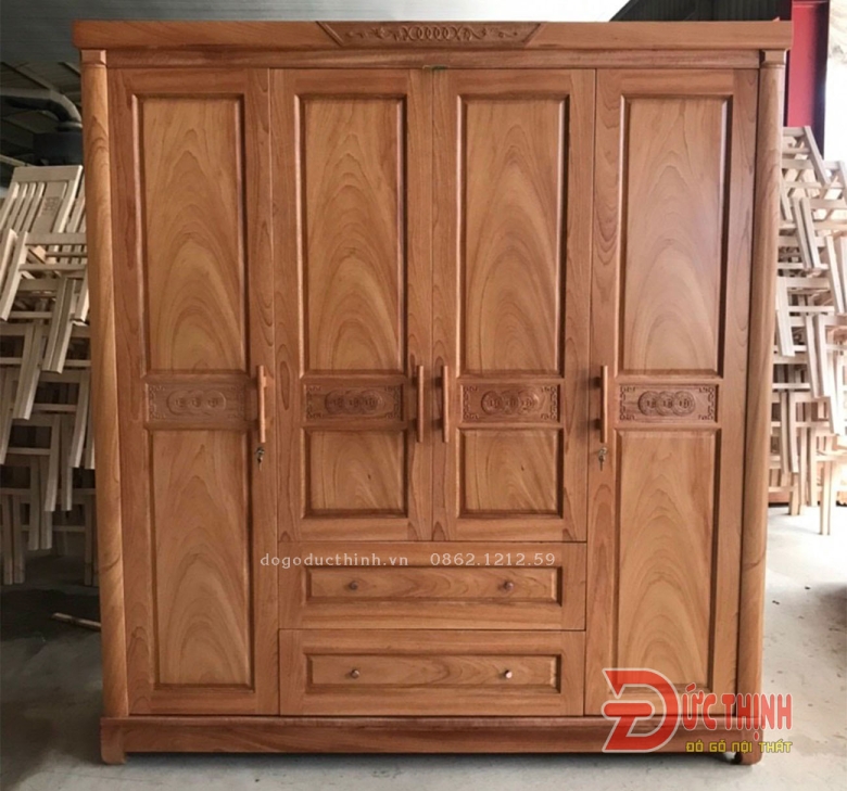 Tủ áo gỗ đỏ - mẫu vuông trơn - 4 cánh - 2 ngăn kéo