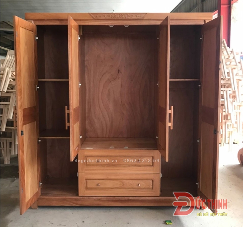 Tủ áo gỗ đỏ - mẫu vuông trơn - 4 cánh - 2 ngăn kéo