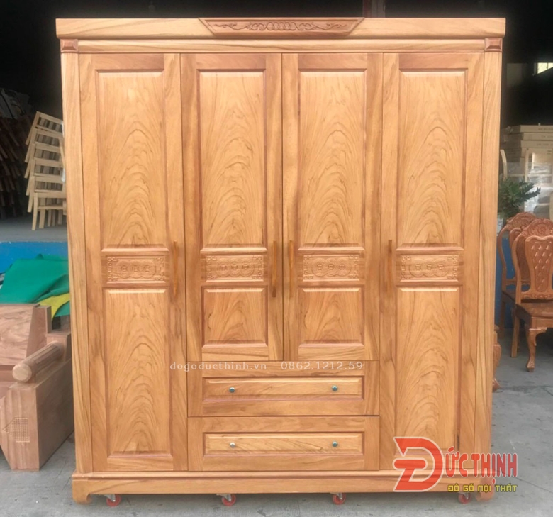 Tủ áo gỗ đỏ - mẫu vuông trơn - 4 cánh - 2 ngăn kéo