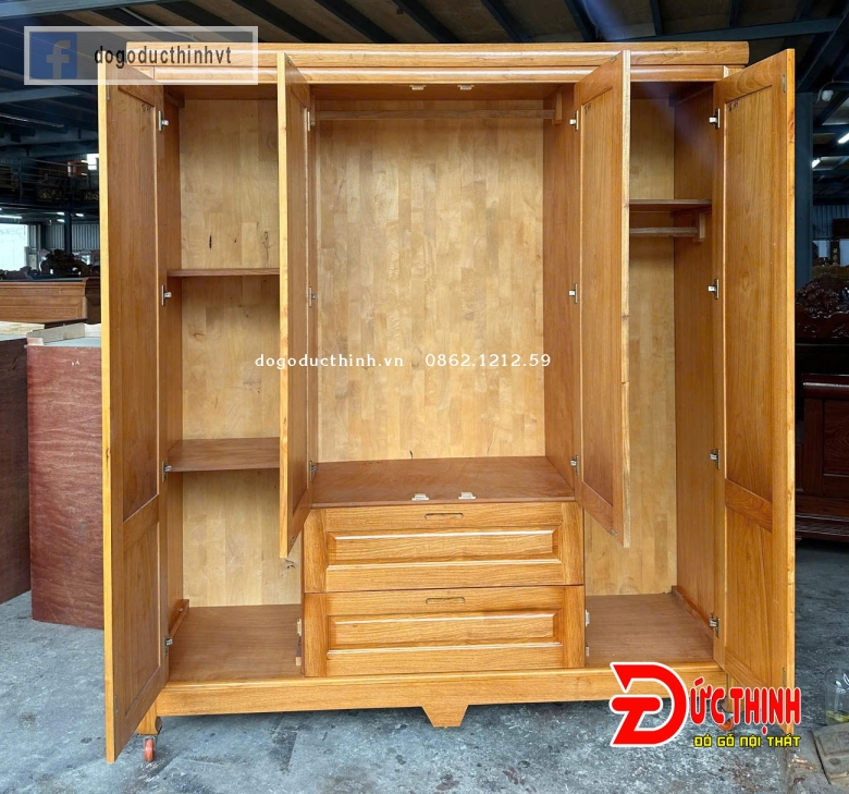 Tủ áo gỗ đỏ - mẫu vuông trơn - 4 cánh - 2 ngăn kéo