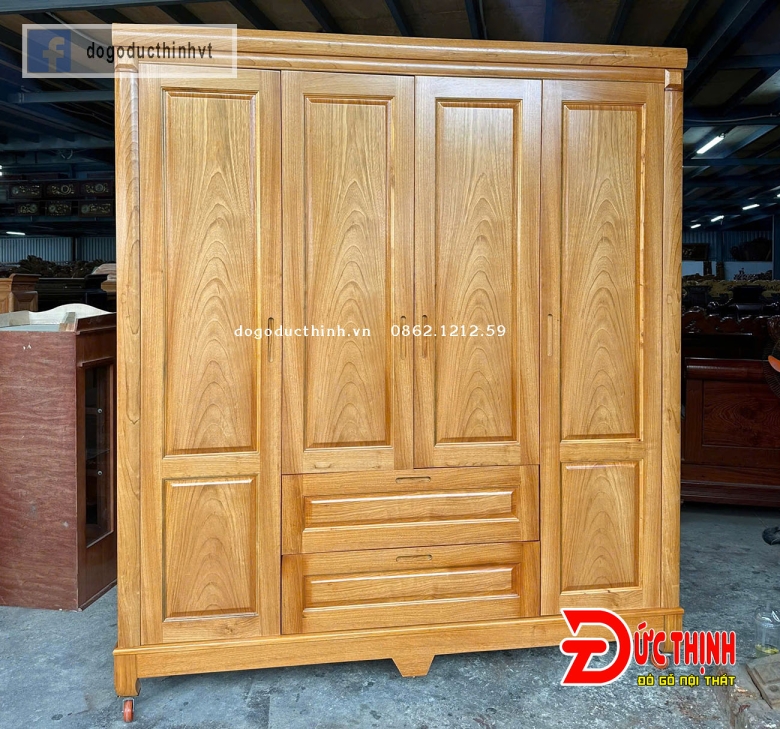 Tủ áo gỗ đỏ - mẫu vuông trơn - 4 cánh - 2 ngăn kéo