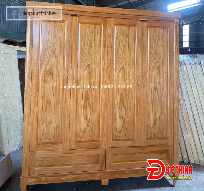 Tủ áo gỗ đỏ - mẫu vuông trơn - 4 cánh - 2 ngăn kéo