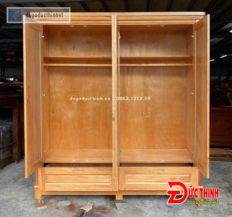 Tủ áo gỗ đỏ - mẫu vuông trơn - 4 cánh - 2 ngăn kéo
