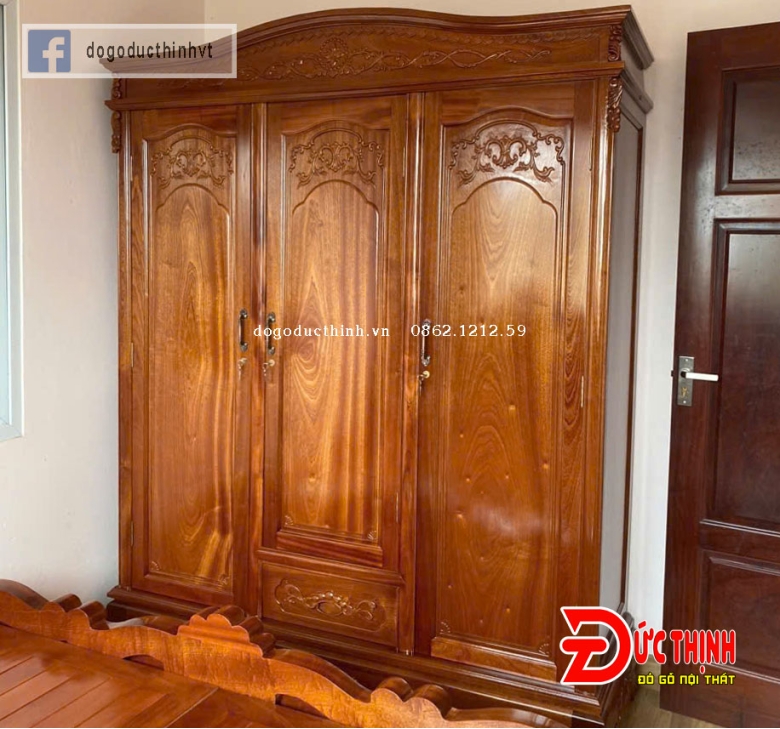Tủ quần áo gỗ lát 3 cánh mẫu Louis